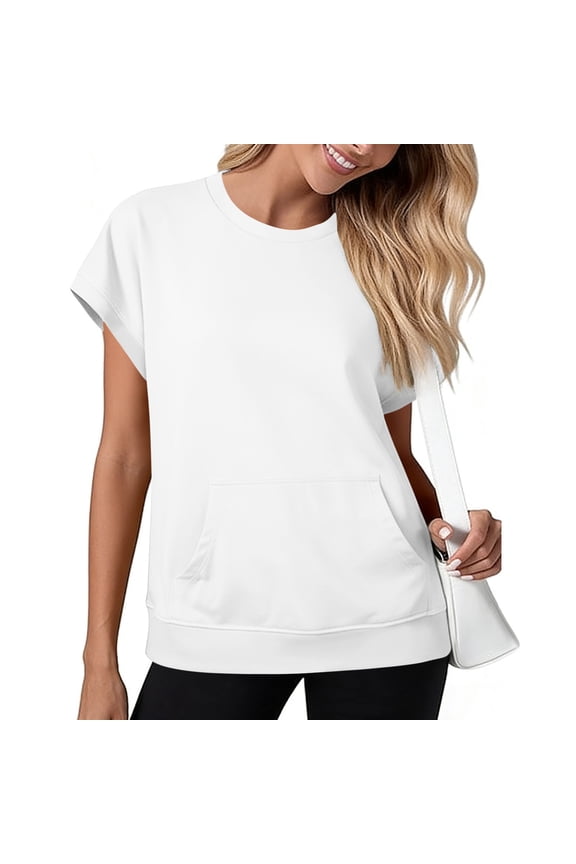 Crewneck Sweatshirt for Women Summer Short Sleeve Casual Loose Workout Pullover Top with Pockets