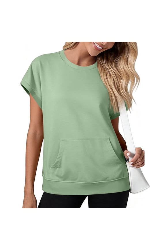 Crewneck Sweatshirt for Women Summer Short Sleeve Casual Loose Workout Pullover Top with Pockets