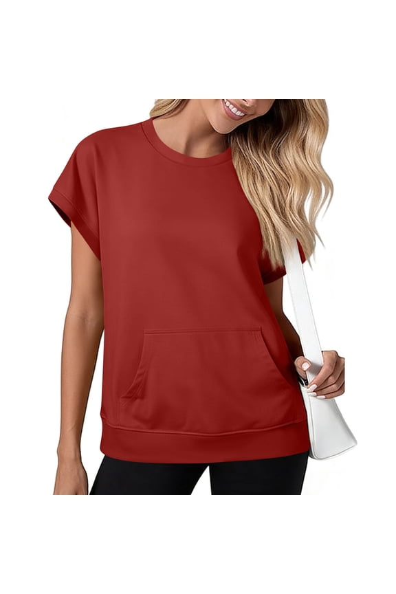 Crewneck Sweatshirt for Women Summer Short Sleeve Casual Loose Workout Pullover Top with Pockets