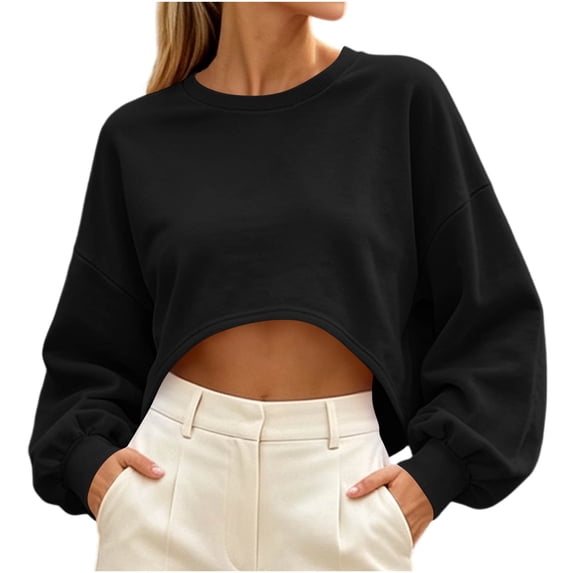 Besolor Crop Sweatshirts for Women Crewneck Long Sleeve Tops Casual Loose Fall Workout Running Pullover Tops(Medium,Black)