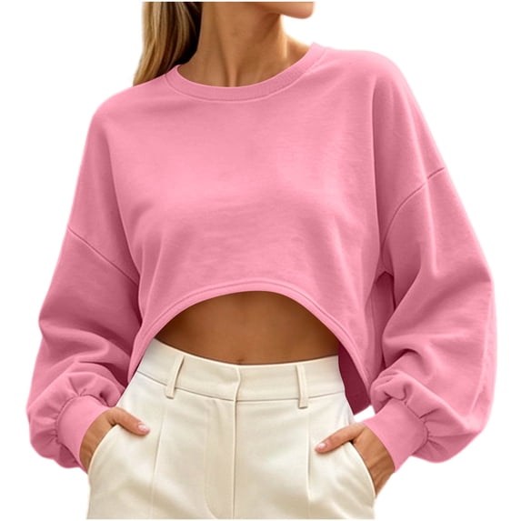 Besolor Crop Sweatshirts for Women Crewneck Long Sleeve Tops Casual Loose Fall Workout Running Pullover Tops(Medium,Pink)