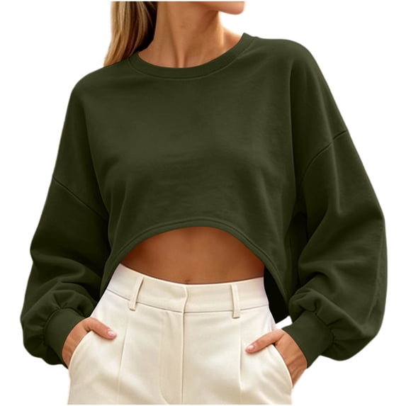 Besolor Crop Sweatshirts for Women Crewneck Long Sleeve Tops Casual Loose Fall Workout Running Pullover Tops(XX-Large,Army Green)