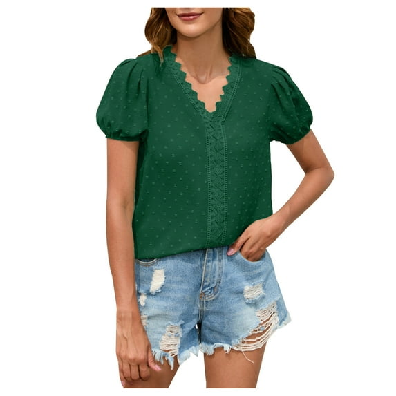 Besolor Cute Tops for Women Lace Trim V Neck Tees Shirts Puff Short Sleeve Solid Color Office Blouses Summer T Shirts
