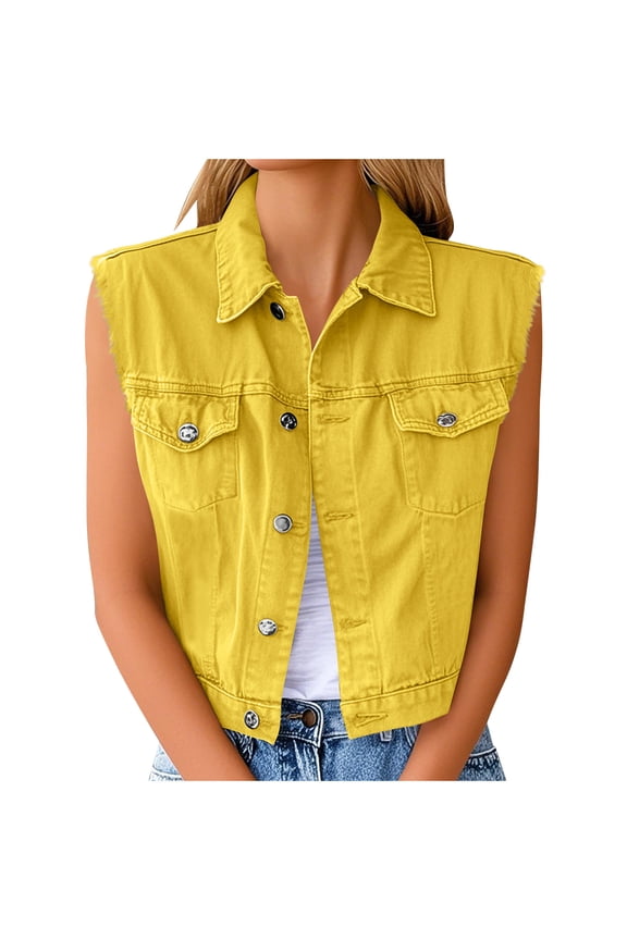 Denim Vest for Women Sleeveless Button down Turn down Collar Cropped Jean Jacket with Pockets