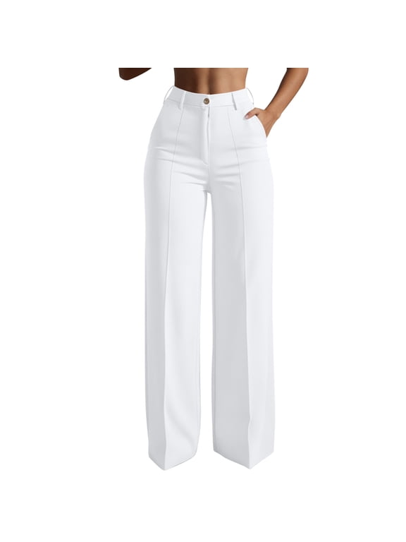 Dress Pants for Womens High Waisted Straight Leg Office Work Trendy Business Casual Trousers with Pockets(3X-Large,White)