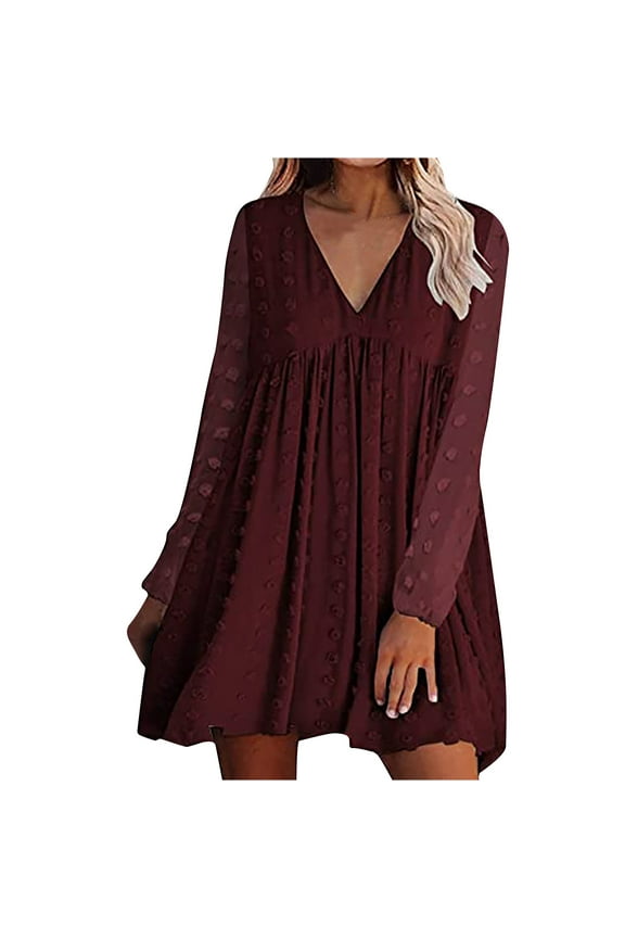 Fall Dresses for Women Trendy V Neck Swiss Dots Long Sleeve Dress Casual Flowy Mini Dress