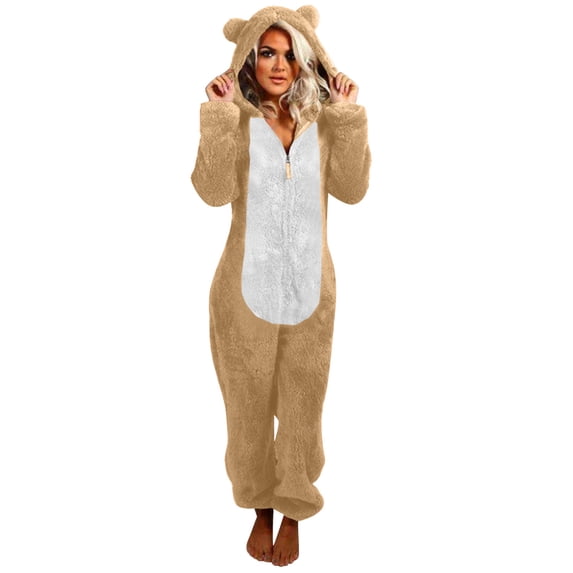 Besolor Fleece Pajamas for Women Plush Warm Cute Color Block Zip-Up One Piece Hooded Romper Jumpsuit Pjs Sleepwear