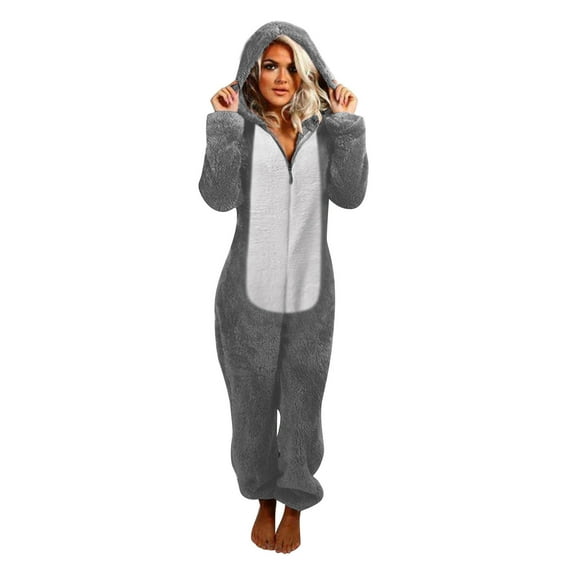 Besolor Fleece Pajamas for Women Plush Warm Cute Color Block Zip-Up One Piece Hooded Romper Jumpsuit Pjs Sleepwear