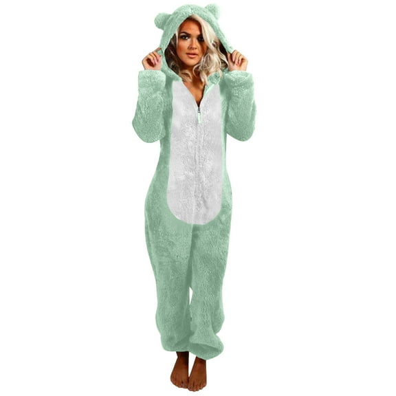 Besolor Fleece Pajamas for Women Plush Warm Cute Color Block Zip-Up One Piece Hooded Romper Jumpsuit Pjs Sleepwear