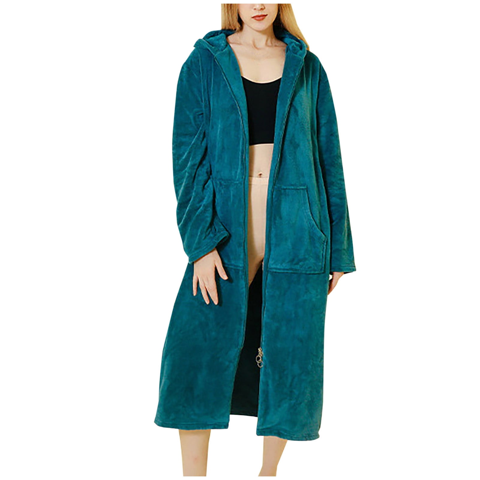Besolor Fleece Robes for Women Hooded Plush Zipper Front Long Bathrobe