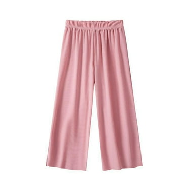 Besolor Girl's Silk Lounge Pants Elastic High Waisted Wide Leg Pants Comfy Loose Solid Trousers Homewear for Kids