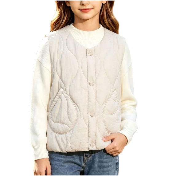Besolor Girls Clothes Vests Fall Winter Casual Thermal Warm Sleeveless Button Jackets Waistcoat with Pockets(7-8 Years,Beige)