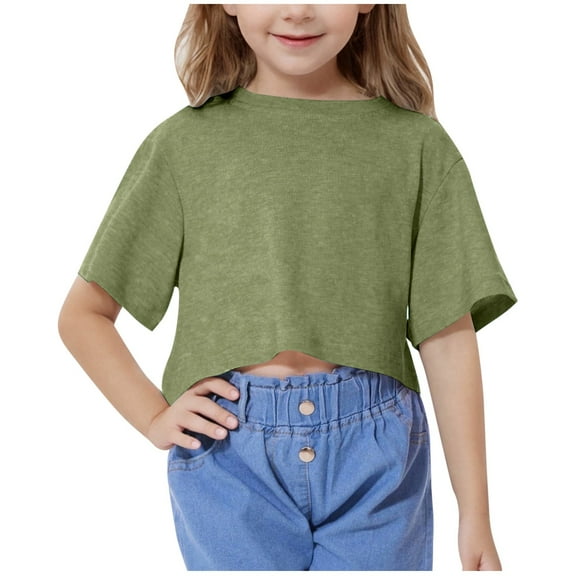 Besolor Girls Summer Crop Tops Crewneck Short Sleeve Shirts Casual Loose Solid Color Basic Tees for Kids 5-15 Years