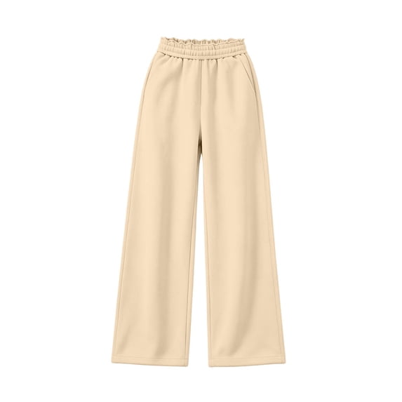 Besolor Girls Wide Leg Sweatpants Teen Kids Ruffle Elastic High Waisted Fall Winter Warm Casual Workout Running Trousers with Pocket(11-12 Years,Beige)