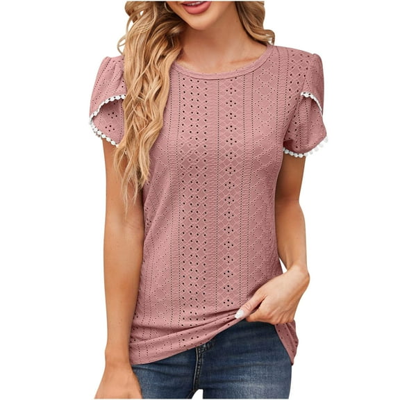 Besolor Going out Tops for Women Crewneck Petal Sleeve Eyelet Shirts Casual Solid Color Summer Tunic Blouse