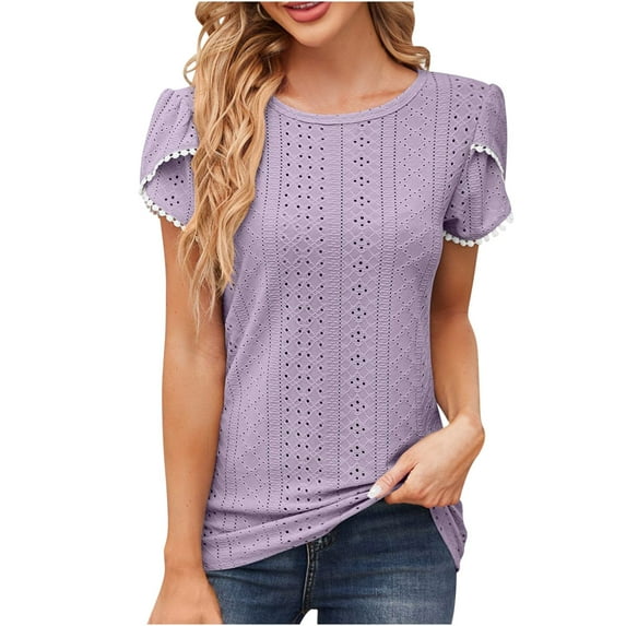 Besolor Going out Tops for Women Crewneck Petal Sleeve Eyelet Shirts Casual Solid Color Summer Tunic Blouse