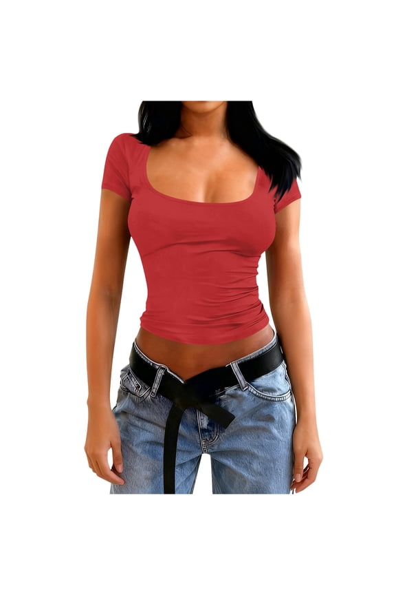 Going out Tops for Women Cropped Tees Square Neck Low Cut Slim Fitted Stretch Summer Short Sleeve Tshirt