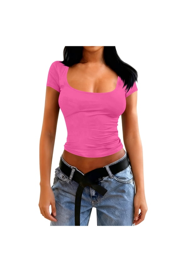 Going out Tops for Women Cropped Tees Square Neck Low Cut Slim Fitted Stretch Summer Short Sleeve Tshirt