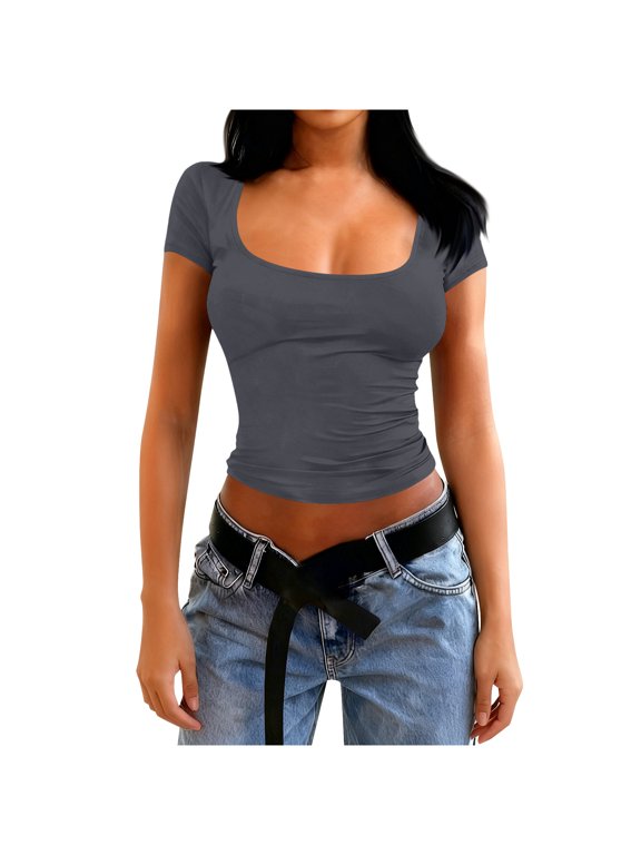 Going out Tops for Women Cropped Tees Square Neck Low Cut Slim Fitted Stretch Summer Short Sleeve Tshirt