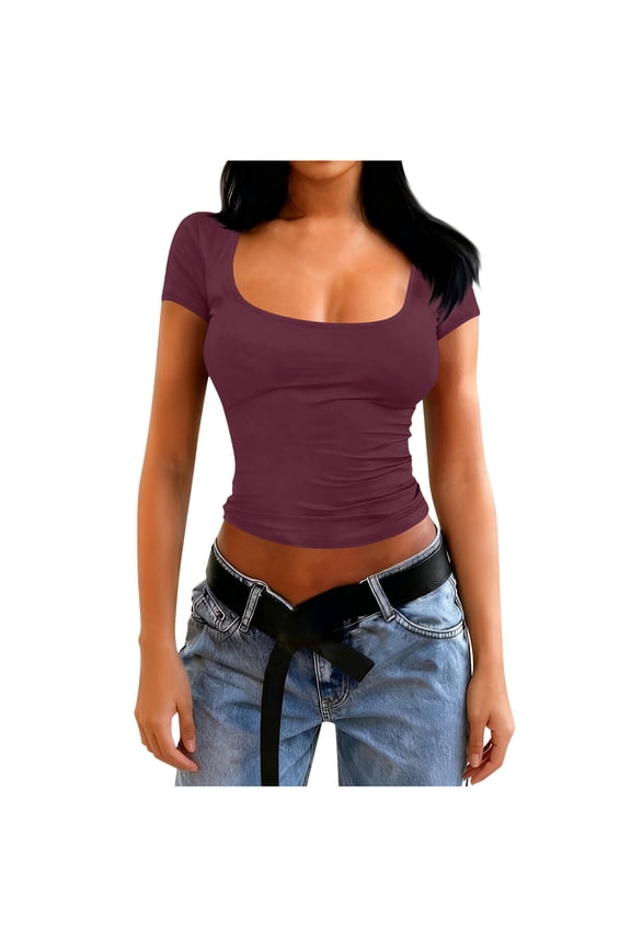 Going out Tops for Women Cropped Tees Square Neck Low Cut Slim Fitted Stretch Summer Short Sleeve Tshirt