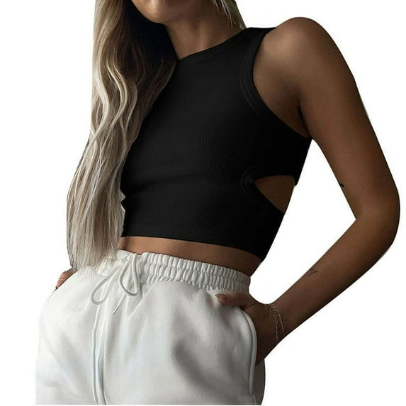 Besolor Going out Tops for Women Cutout Back Tank Top Slim Fitted Cropped Cami Crewneck Cute Shirt
