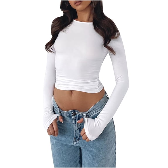 Besolor Going out Tops for Women Long Sleeve Slim Fitted Cute Tshirt Crewneck Stretch Comfy Top Tees