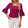 thumbnail image 1 of Besolor Going out Tops for Women Square Neck Ruffle Half Sleeve Shirts Casual Solid Color Summer Tunic Blouse, 1 of 8