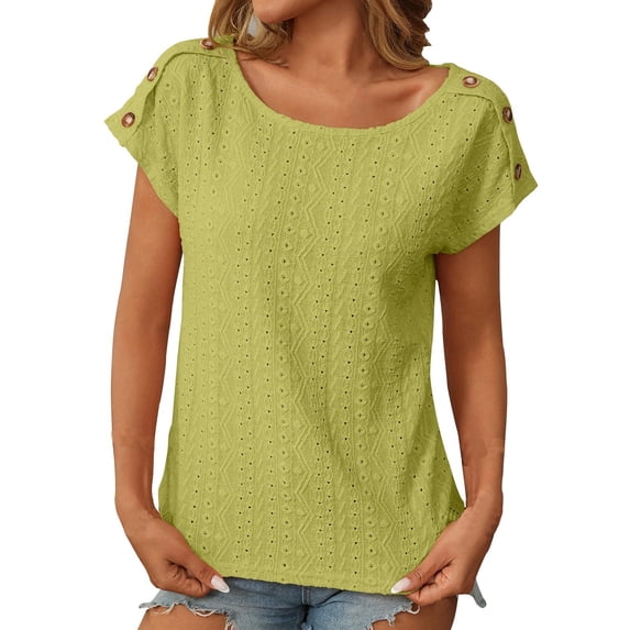 Besolor Going out Tops for Women Trendy Crewneck Short Sleeve Shirts Hollow out Casual Loose Summer Dressy Blouse