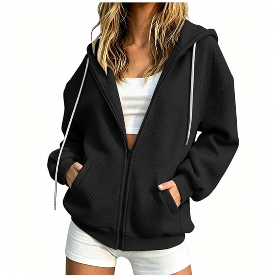 Besolor Hoodies for Women Fall Winter Drawstring Long Sleeve Zipper Jackets Casual Loose Thick Warm Sweatshirts Coat with Pockets(Large,Black)