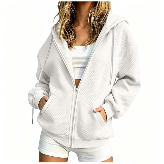 Besolor Hoodies for Women Fall Winter Drawstring Long Sleeve Zipper Jackets Casual Loose Thick Warm Sweatshirts Coat with Pockets(X-Large,White)