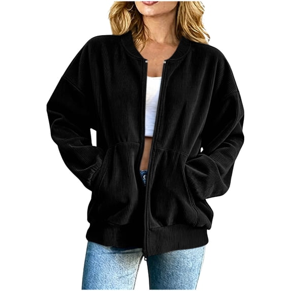 Besolor Jackets for Women Fall Corduroy Crewneck Long Sleeve Zip up Jacket Thick Warm Casual Loose Tops Coat with Pockets(X-Large,Black)