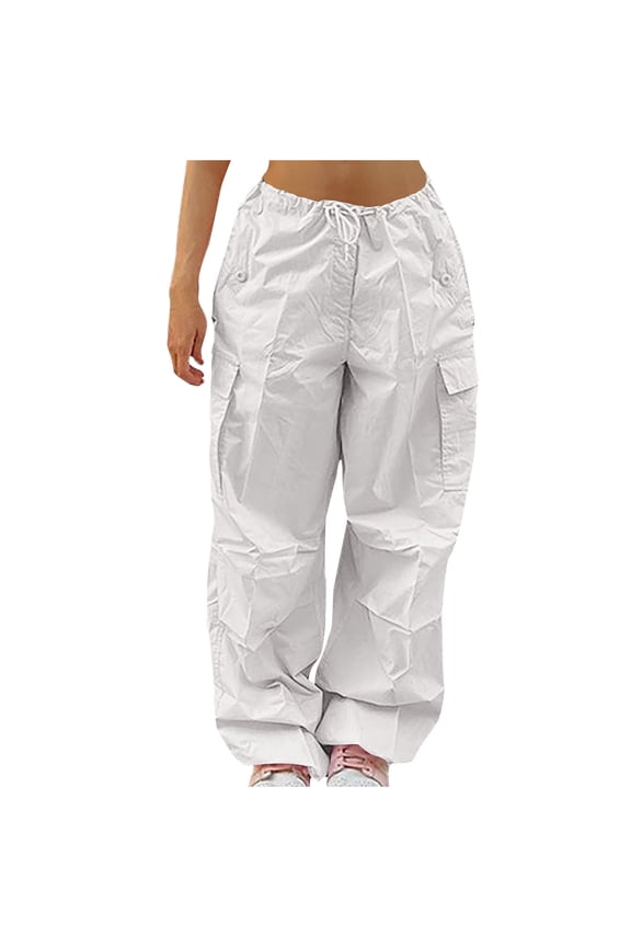 Juniors Cargo Pants for Women Drawstring Waisted Wide Leg Baggy Loose Streetwear Hiking Pants with Pockets