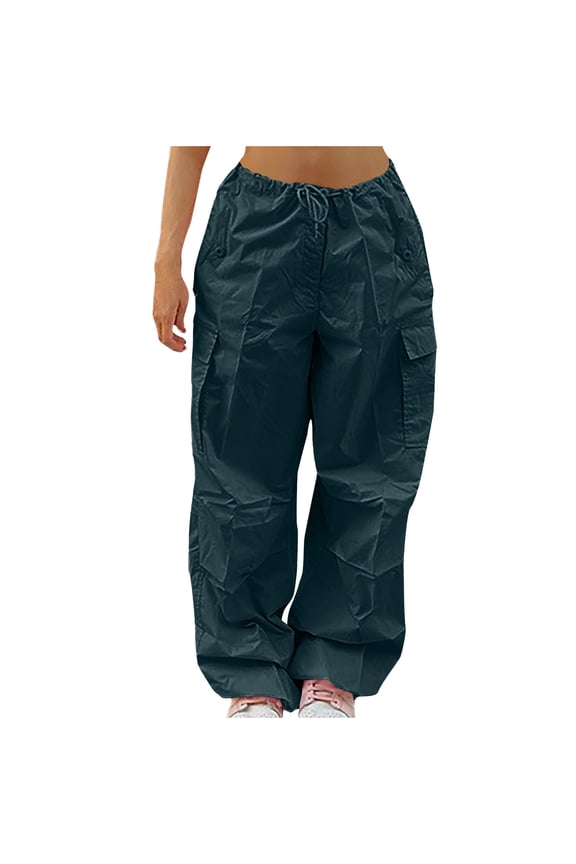 Juniors Cargo Pants for Women Drawstring Waisted Wide Leg Baggy Loose Streetwear Hiking Pants with Pockets