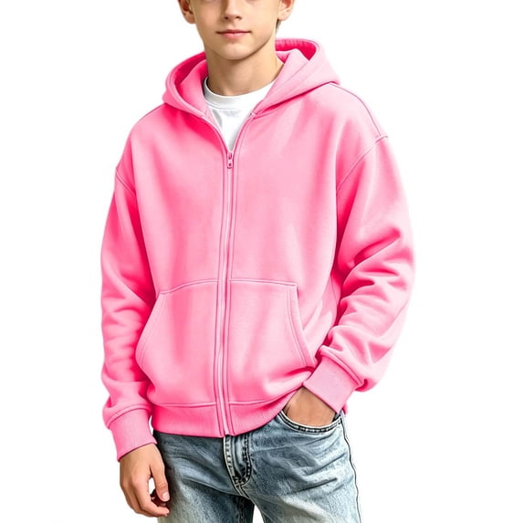 Besolor Kids Boys Girls Zip up Hoodies Fall Casual Long Sleeve Hooded Sweatshirts Teen Loose Outwear Jackets Tops with Pockets(14-15 Years,Hot Pink)