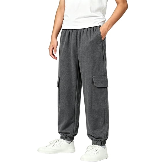 Besolor Kids Cargo Pants High Elastic Waist Casual Cinch Bottom Sweatpants Boys Fall Loose Workout Joggers Pant with Pockets(7-8 Years,Dark Gray)