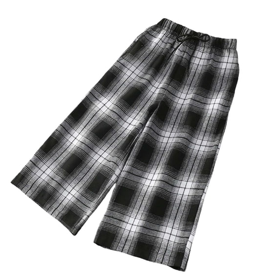 Besolor Kids Girl's Clothes Plaid Pants Drawstring Elastic Waist Wide Leg Loose Loungewear Trousers with Pockets(8-9 Years,Black)