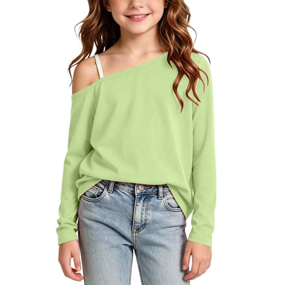 Besolor Kids Girls Long Sleeve Shirts off the Shoulder Fall Casual Loose Fashion T-Shirts Solid Color(10-11 Years,Mint Green)