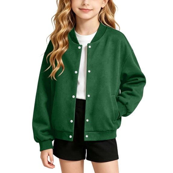 Besolor Kids Girls Sweatshirts Crewneck Button down Long Sleeve Tops Fall Winter Warm Casual Outdoor Workout Jackets with Pockets(12-13 Years,Green)