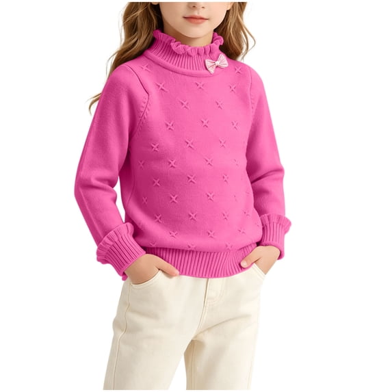 Besolor Kids Toddler Girls Clothes Sweaters Fall Casual Warm Ruffled Turtleneck Long Sleeve Knitted Pullover Tops(4-5 Years,Hot Pink)