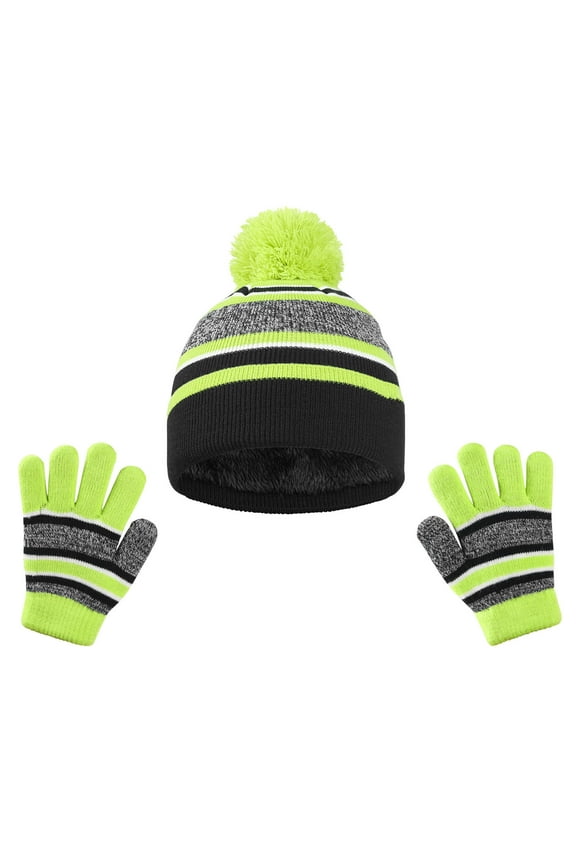 Kids Winter Hat Gloves Set, Boys Girls Striped Knitted Beanie with Pompom Mittens Fleece Lined Set