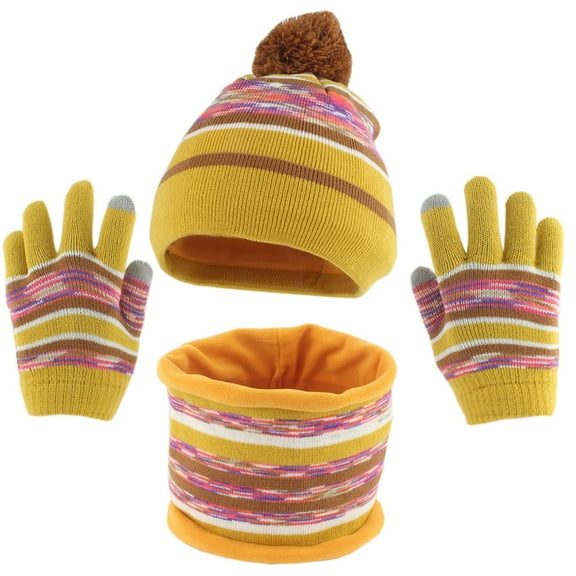 Besolor Kids Winter Pompom Beanie Hat Scarf Gloves Set for Boys Girls , Fleece Lined Knitted Cap Neck Warmer Mitten Set