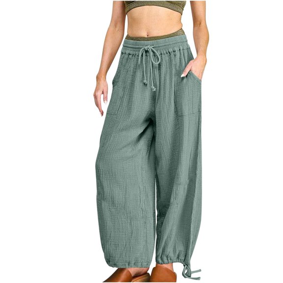 Besolor Linen Pants for Women Casual Baggy Elastic Waist Drawstring Wide Leg Pants Solid Color Lounge Trouser with Pockets