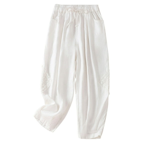 Besolor Linen Taper Pants for Women Trendy Summer Beach Lounge Pants Cotton Blend Loose Casual Trousers with Pockets White
