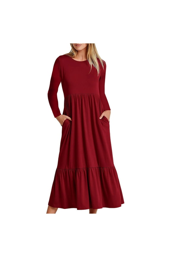 Long Sleeve Dress for Women Crew Neck Ruffle Hem Pleated Fall Dresses Casual Flowy Maxi Dress with Pockets