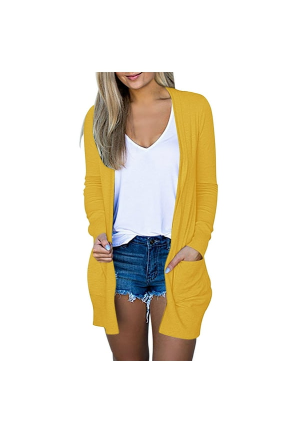 Long Sleeve Open Front Solid Lightweight Cardigan Cover Ups Blouses Jacket Outwear with Pockets Womens Yellow