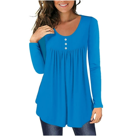 Besolor Women's Tunic Tops Trendy Pleated Button Crew Neck Long Sleeve Shirts Casual Solid Color Blouse Tees