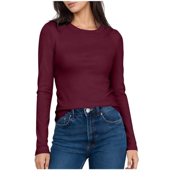 Besolor Long Sleeve Shirts for Women Casual Crewneck Solid Color Basic Layer Tees Tops Fall Clothes