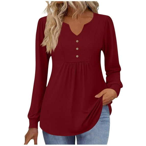 Besolor Long Sleeve Shirts for Women Casual Pleated V Neck Button Fall Tunic Tops Going out Dressy Blouses