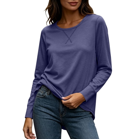 Besolor Long Sleeve Shirts for Women Crewneck Lightweight Casual Loose T-Shirt Solid Color Basic Tees Tops(Large,Dark Blue)
