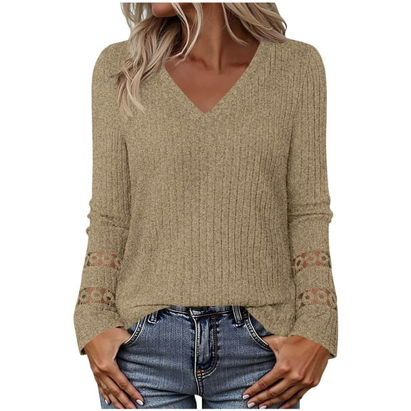 Besolor Long Sleeve Shirts for Women Lace V Neck Lightweight Sweaters Casual Tunic Tops Outfits Fall Fashion Clothes